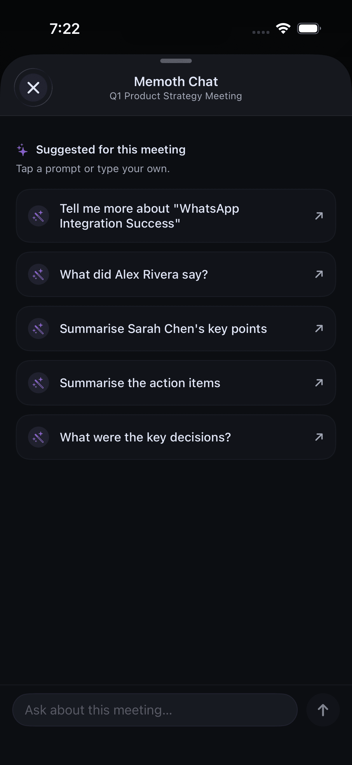 Memoth chat screen in dark mode