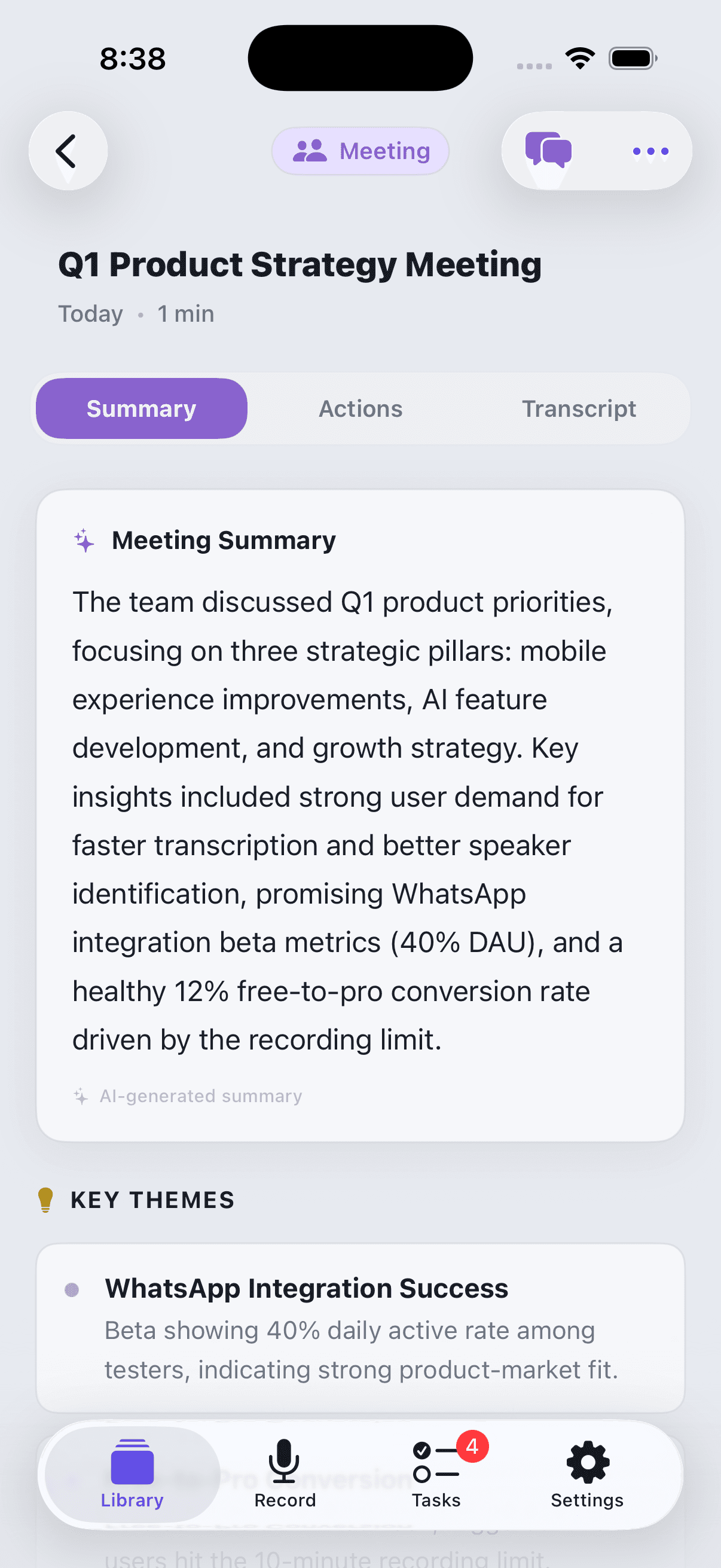 Memoth summary screen in light mode